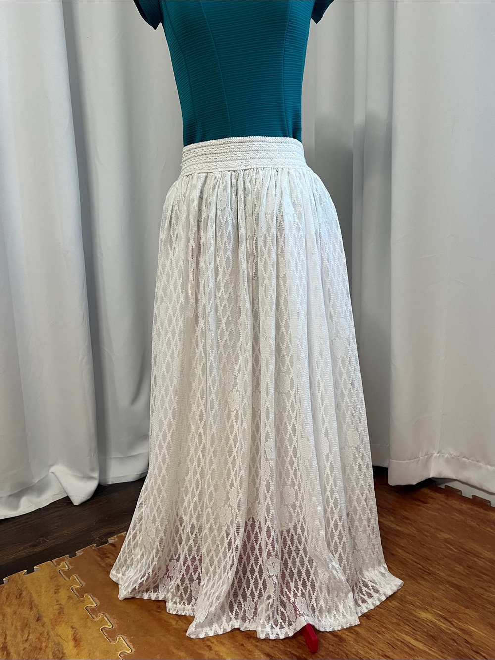 White lace floor length skirt with elastic waistband